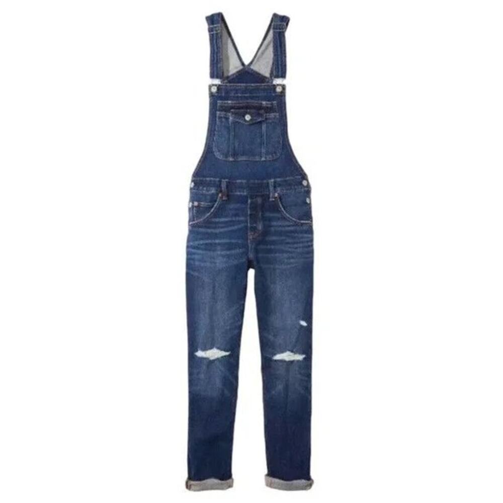 American Eagle Stretch Tomgirl Overall Bib in Destroyed Dark Wash Denim Jumpsuit - Picture 9 of 9